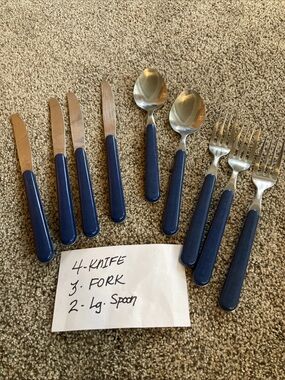 Stainless Steel Flatware Set Of 9  Blue Plastic Handles Spoons Fork Knives